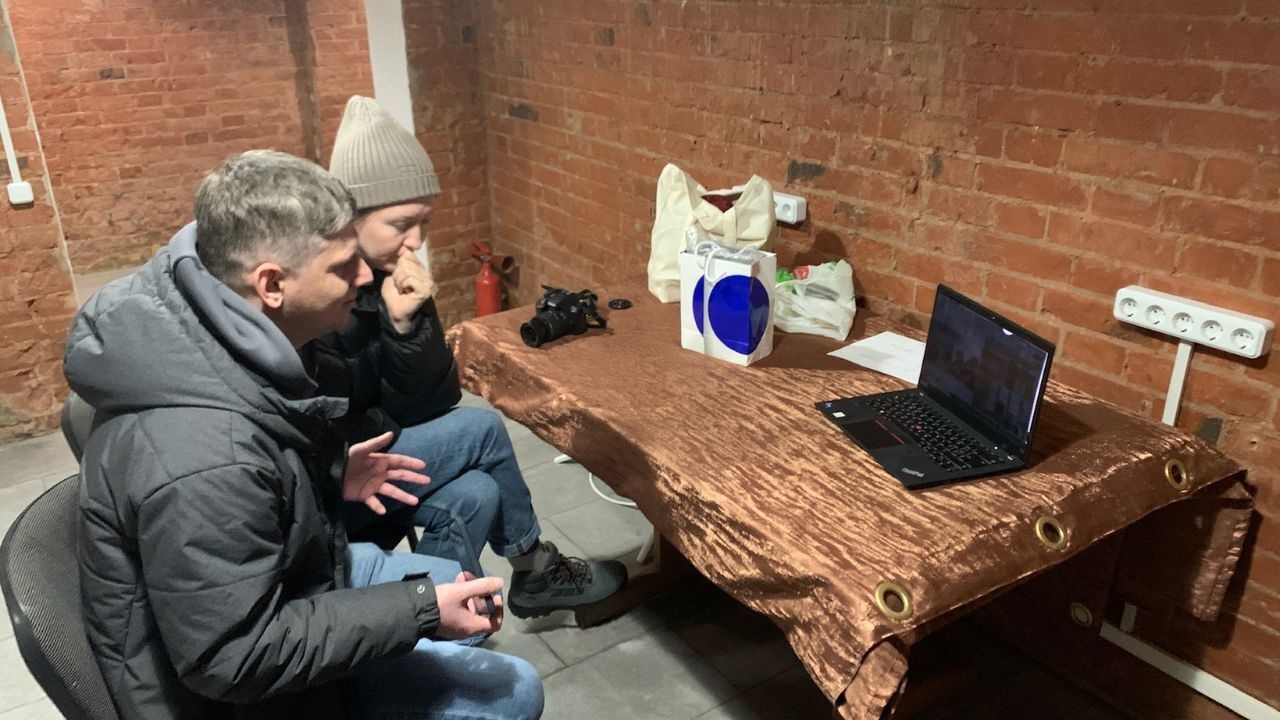 Slava Mavrychev and Angelina Kariakina talking to the EBU Senior Leadership Committee from the Suspilne Kharkiv bomb shelter 2