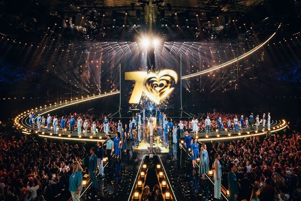 The artists of Vienna 2026 in the Green Room during the First Semi-Final of the Eurovision
Song Contest at Wiener Stadthalle on 12 May