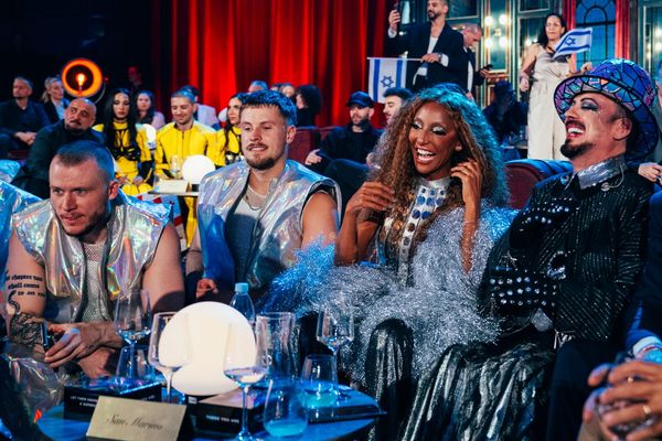 The artists of Vienna 2026 in the Green Room during the First Semi-Final of the Eurovision Song Contest at Wiener Stadhalle on 12 May