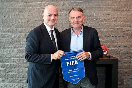 ZURICH, SWITZERLAND - MAY 31: FIFA President Gianni Infantino presents pennant to EBU Director-General Noel Curran during a meeting with the European Broadcasting Union (EBU) at HoF, Home of FIFA on May 31, 2023 in Zurich, Switzerland. (Photo by Harold Cunningham/FIFA)