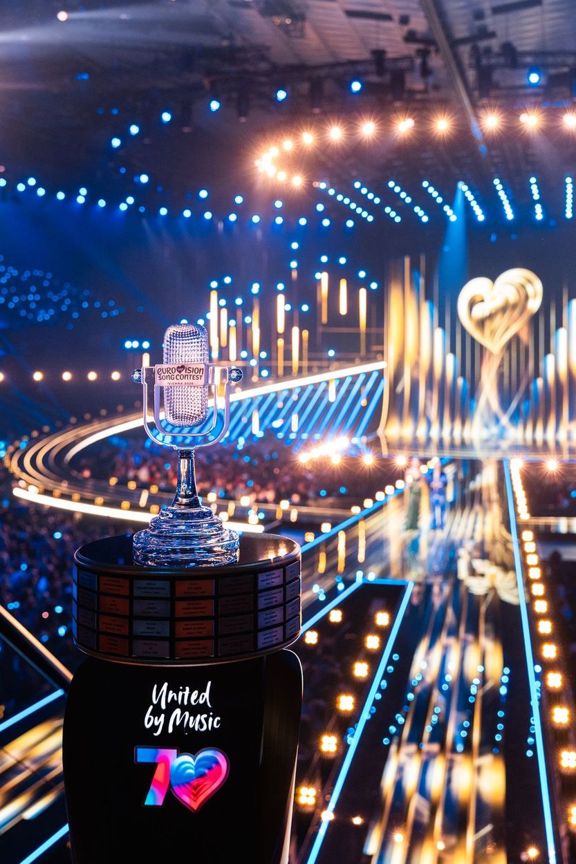 The trophy of the 70th Eurovision Song Contest on the Wiener Stadthalle stage, for Vienna 2026
