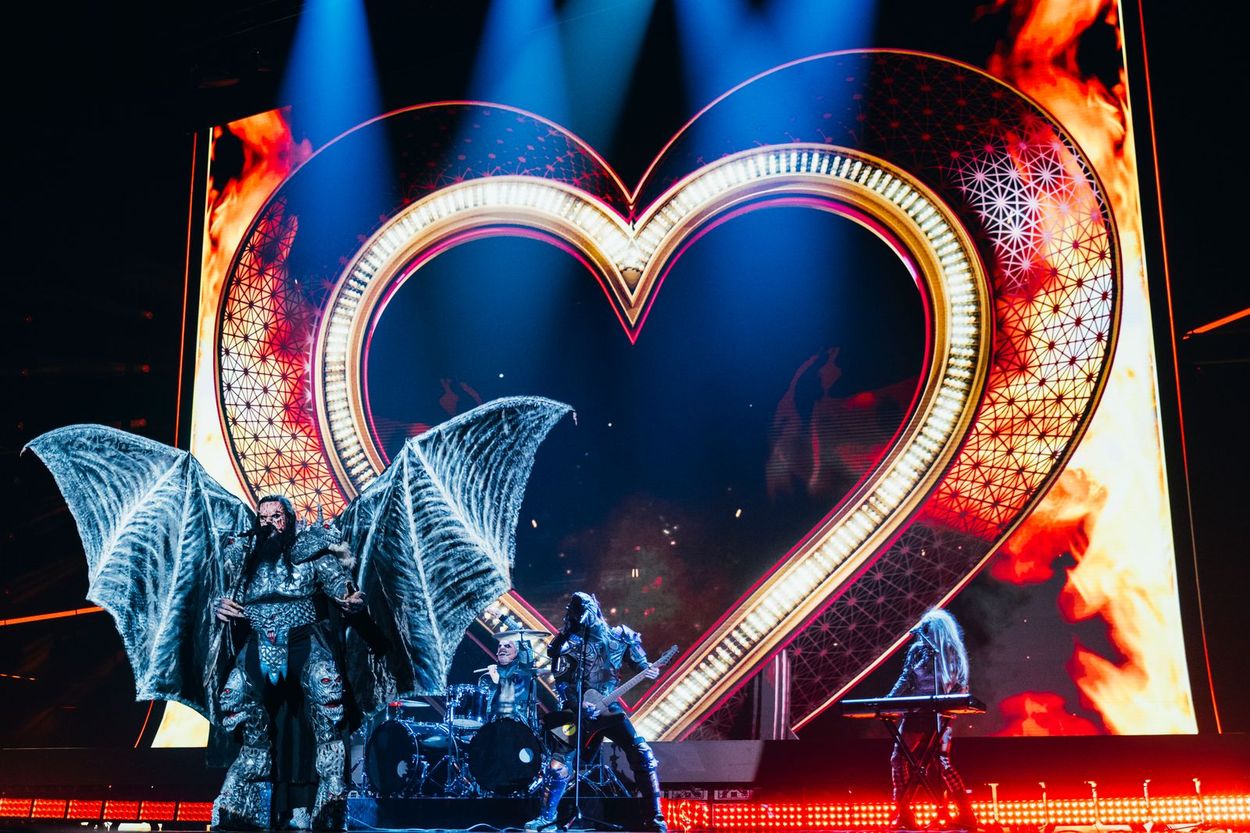 Eurovision icons performing a celebration of the 70th Eurovision Song Contest as the Interval Act during the Grand Final of Vienna 2026, at Wiener Stadthalle on 15 May